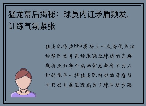 猛龙幕后揭秘：球员内讧矛盾频发，训练气氛紧张