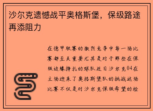 沙尔克遗憾战平奥格斯堡，保级路途再添阻力