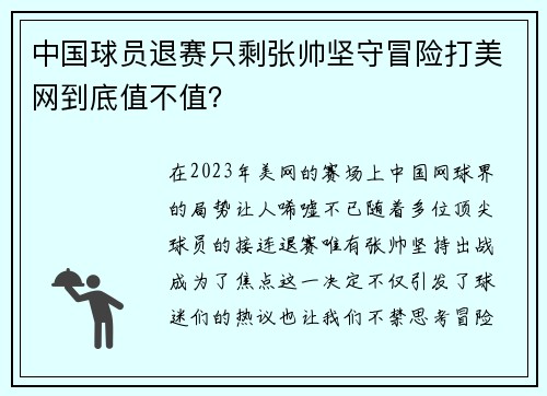中国球员退赛只剩张帅坚守冒险打美网到底值不值？