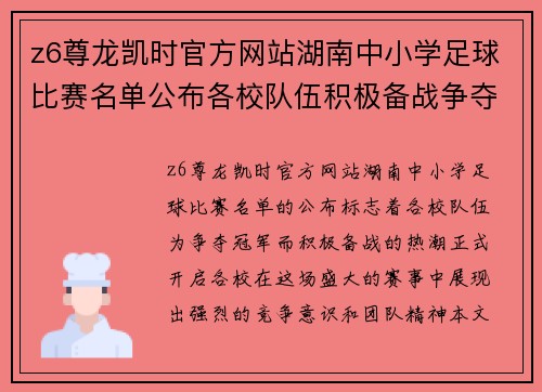 z6尊龙凯时官方网站湖南中小学足球比赛名单公布各校队伍积极备战争夺冠军