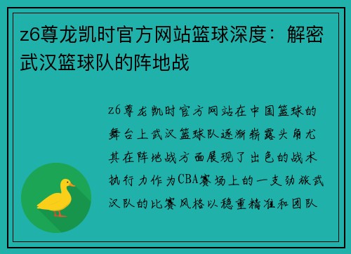 z6尊龙凯时官方网站篮球深度：解密武汉篮球队的阵地战